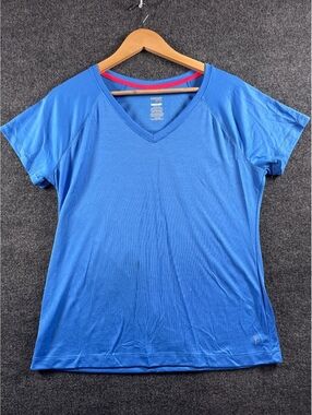 Danskin Now Womens Large 12-14 Blue V Neck Short Sleeve Athletic Workout Shirt
